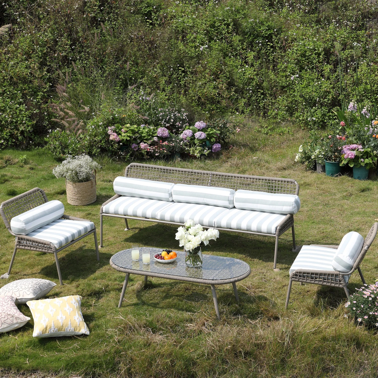 Pomona Rope Weave 5-Seater Sofa Set, Sage Striped Fabric With Taupe Frame 1 Pomona Rope Weave 5-Seater Sofa Set, Sage Striped Fabric With Taupe Frame