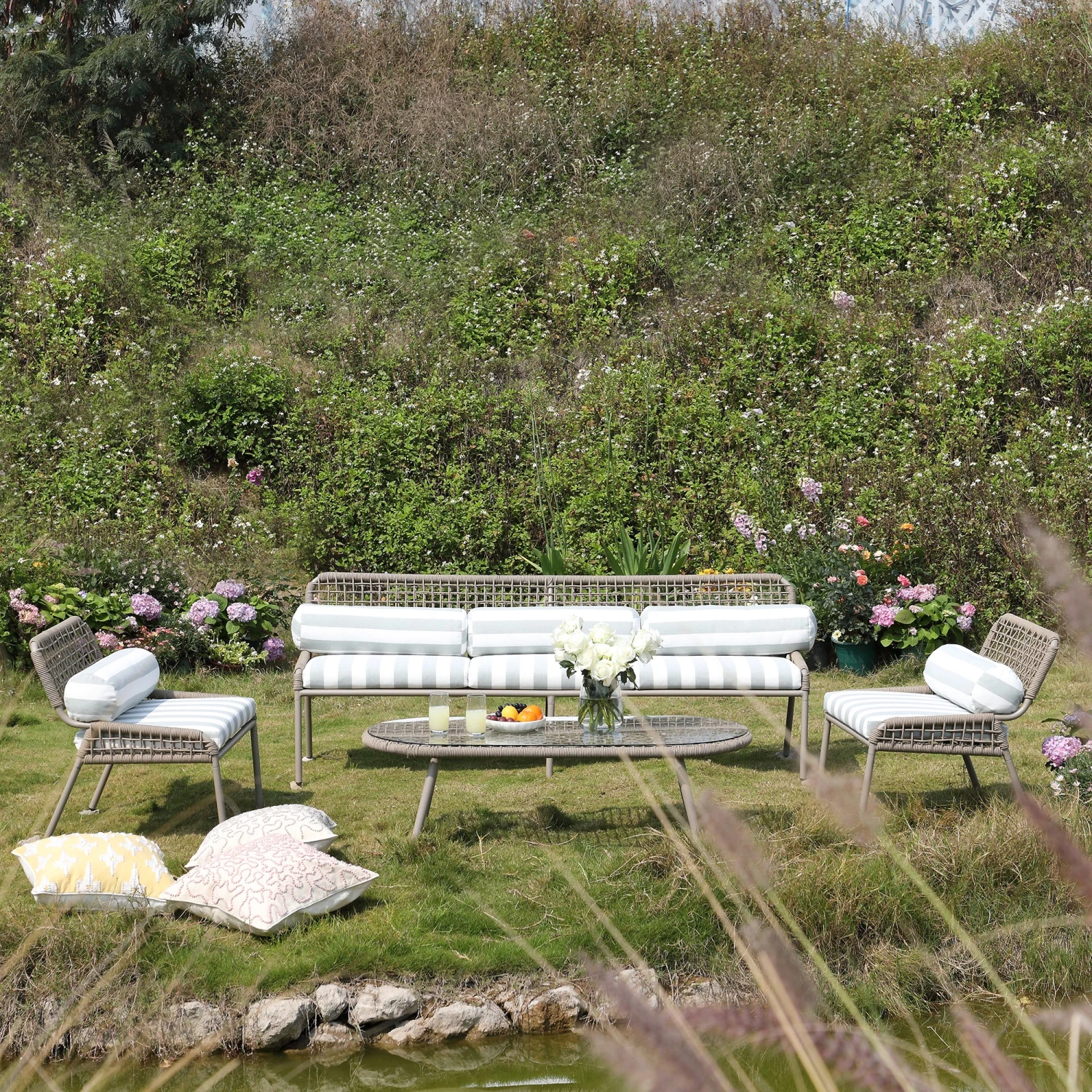 Pomona Rope Weave 5-Seater Sofa Set, Sage Striped Fabric With Taupe Frame 2 Pomona Rope Weave 5-Seater Sofa Set, Sage Striped Fabric With Taupe Frame - Image 2