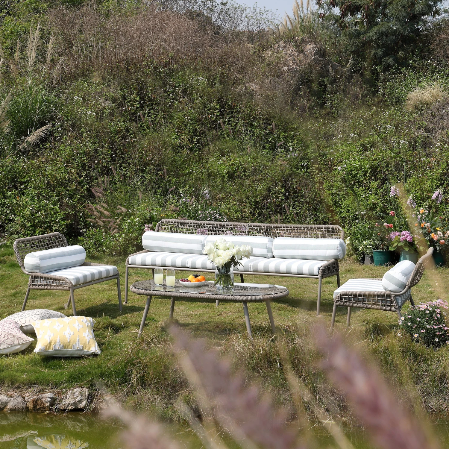 Pomona Rope Weave 5-Seater Sofa Set, Sage Striped Fabric With Taupe Frame 3 Pomona Rope Weave 5-Seater Sofa Set, Sage Striped Fabric With Taupe Frame - Image 3