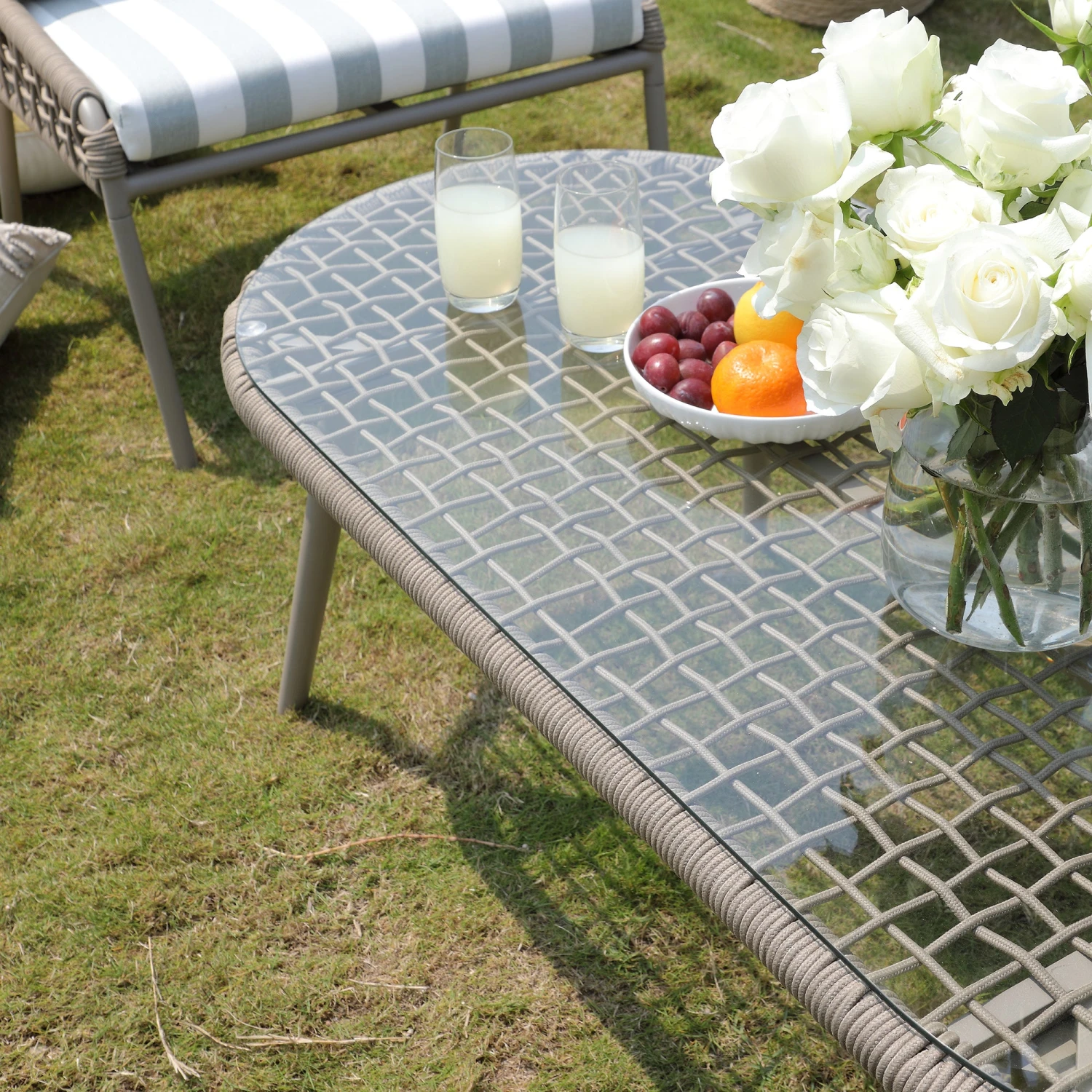 Pomona Rope Weave 5-Seater Sofa Set, Sage Striped Fabric With Taupe Frame 8 Pomona Rope Weave 5-Seater Sofa Set, Sage Striped Fabric With Taupe Frame - Image 8