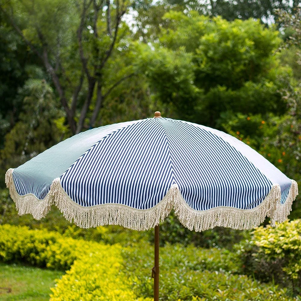 Gabriel Blue And White Striped Fringed Parasol With Tilt 5 Gabriel Blue And White Striped Fringed Parasol With Tilt - Image 5