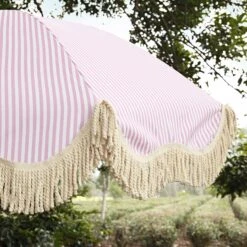 Gabriel Pink and White Striped Retro Fringed Garden Parasol β UPF50+ Tiltable Beach Umbrella 18 Gabriel Pink and White Striped Retro Fringed Garden Parasol β UPF50+ Tiltable Beach Umbrella -Daals Store OD PRSL 02 PINKSTRP scene2
