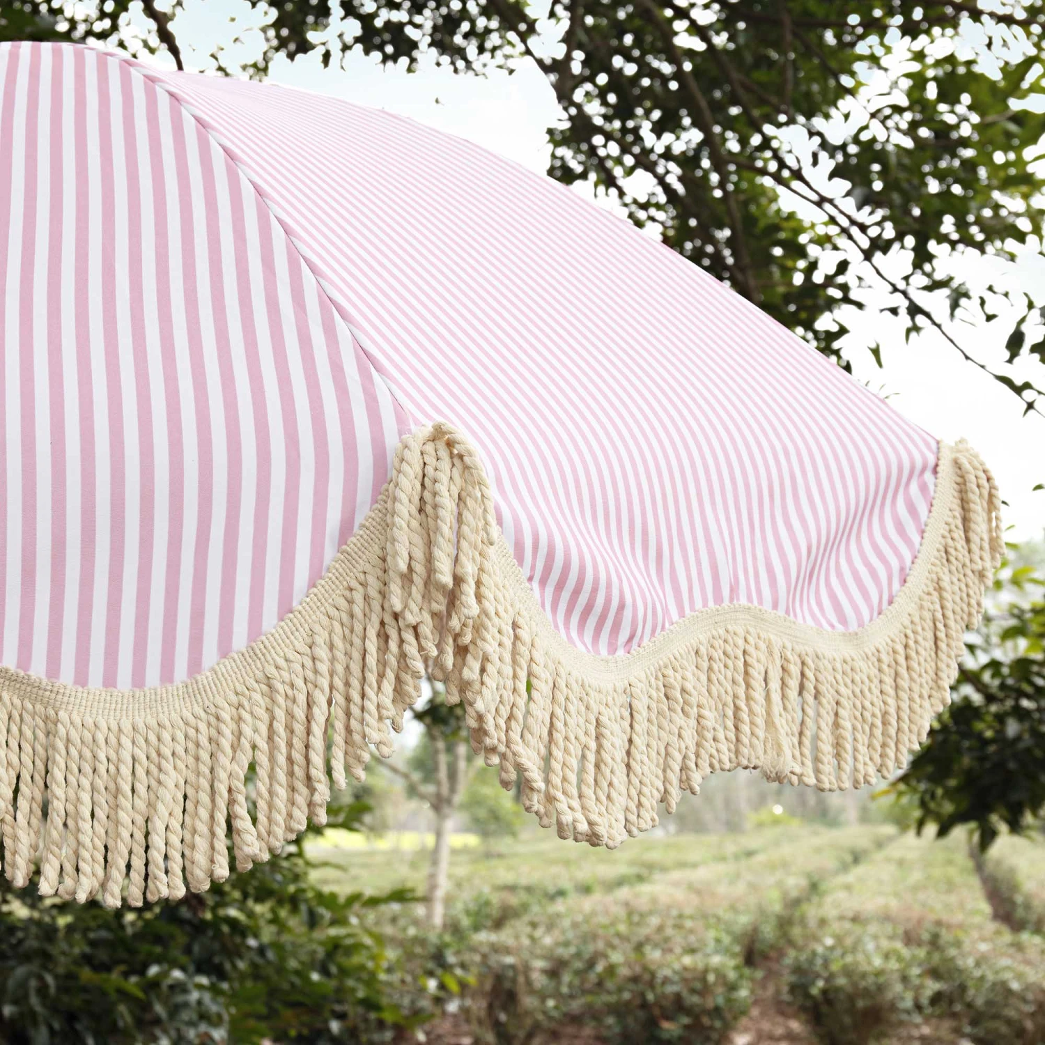 Gabriel Pink and White Striped Retro Fringed Garden Parasol β UPF50+ Tiltable Beach Umbrella 3 Gabriel Pink and White Striped Retro Fringed Garden Parasol β UPF50+ Tiltable Beach Umbrella - Image 3