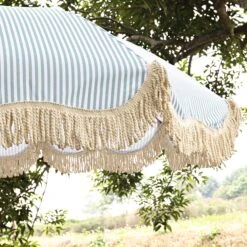 Gabriel Sage Green And White Striped Fringed Parasol With Tilt -Daals Store OD PRSL 02 SAGESTRP scene2