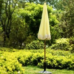 Gabriel Yellow and White Striped Fringed Parasol with Tilt β Vintage UPF50+ Garden and Beach Umbrella 16 Gabriel Yellow and White Striped Fringed Parasol with Tilt β Vintage UPF50+ Garden and Beach Umbrella -Daals Store OD PRSL 02 YELLOWSTRP scene2