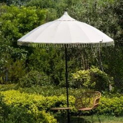 Hacienda 2.4M Beige Beaded Carousel Garden Parasol With Fringe Tassels And Aluminium Tilt
