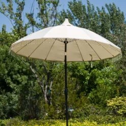 Hacienda 2.4M Beige Beaded Carousel Garden Parasol With Fringe Tassels And Aluminium Tilt -Daals Store OD PRSL 16 BEIGE scene2
