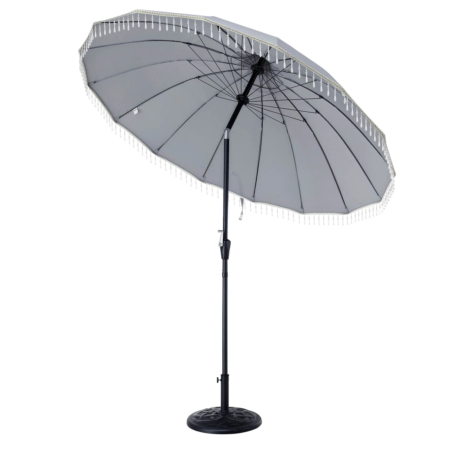Hacienda 2.4M Light Grey Beaded Carousel Garden Parasol With Fringe Tassels And Aluminium Tilt 4 Hacienda 2.4M Light Grey Beaded Carousel Garden Parasol With Fringe Tassels And Aluminium Tilt - Image 4