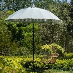 Hacienda 2.4M Light Grey Beaded Carousel Garden Parasol With Fringe Tassels And Aluminium Tilt