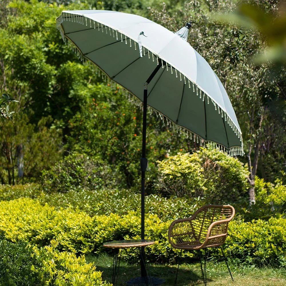 Hacienda 2.4M Light Grey Beaded Carousel Garden Parasol With Fringe Tassels And Aluminium Tilt 2 Hacienda 2.4M Light Grey Beaded Carousel Garden Parasol With Fringe Tassels And Aluminium Tilt - Image 2