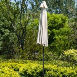 3M Solar LED Light Garden Parasol - Beige Angora Canopy with Tilt & Crank Aluminium Frame 18 3M Solar LED Light Garden Parasol - Beige Angora Canopy with Tilt & Crank Aluminium Frame -Daals Store OD PRSL 23 BEIGE scene4