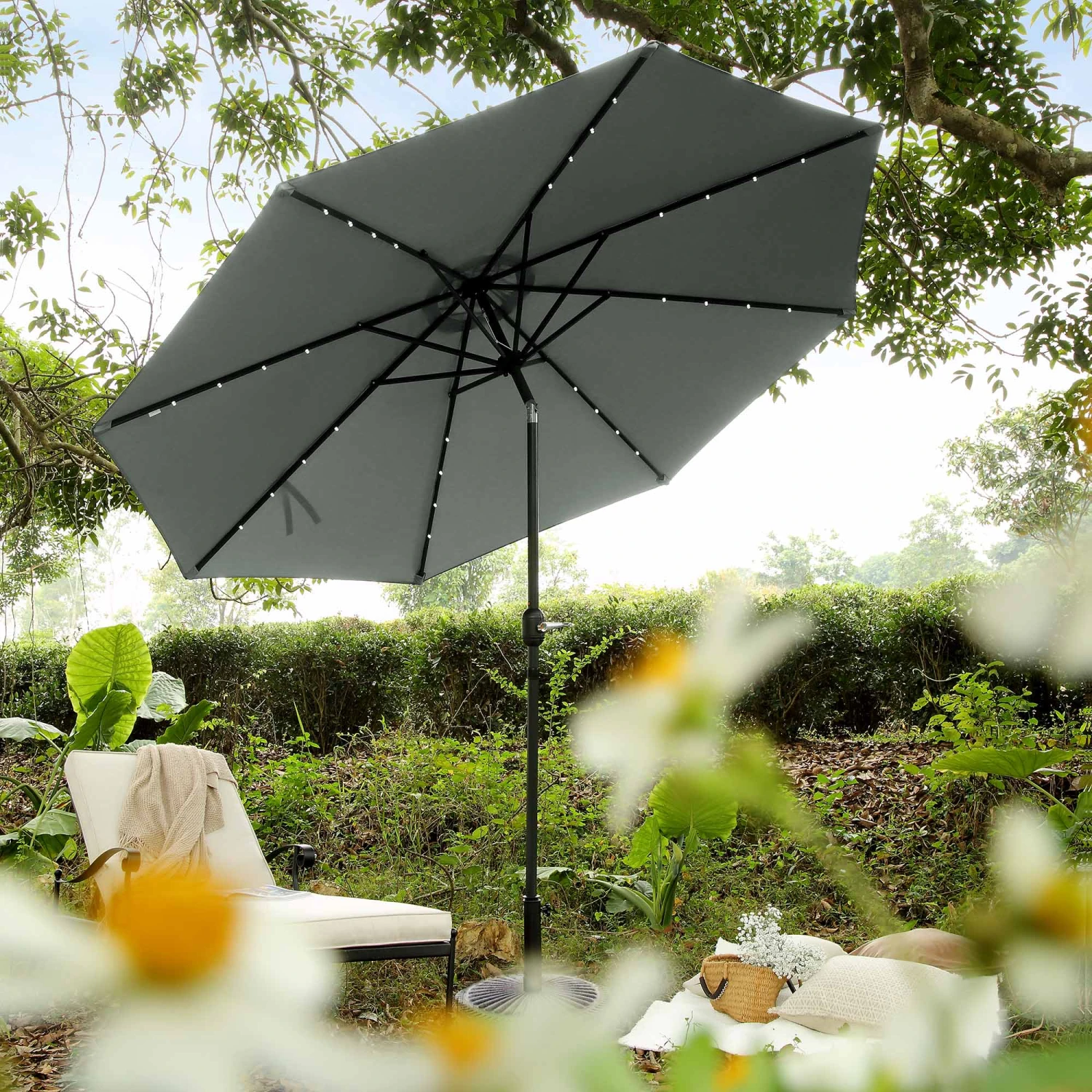 3M Solar LED Light Garden Parasol in Neutral Grey β Tilt & Crank Aluminium Frame Patio Umbrella 2 3M Solar LED Light Garden Parasol in Neutral Grey β Tilt & Crank Aluminium Frame Patio Umbrella - Image 2