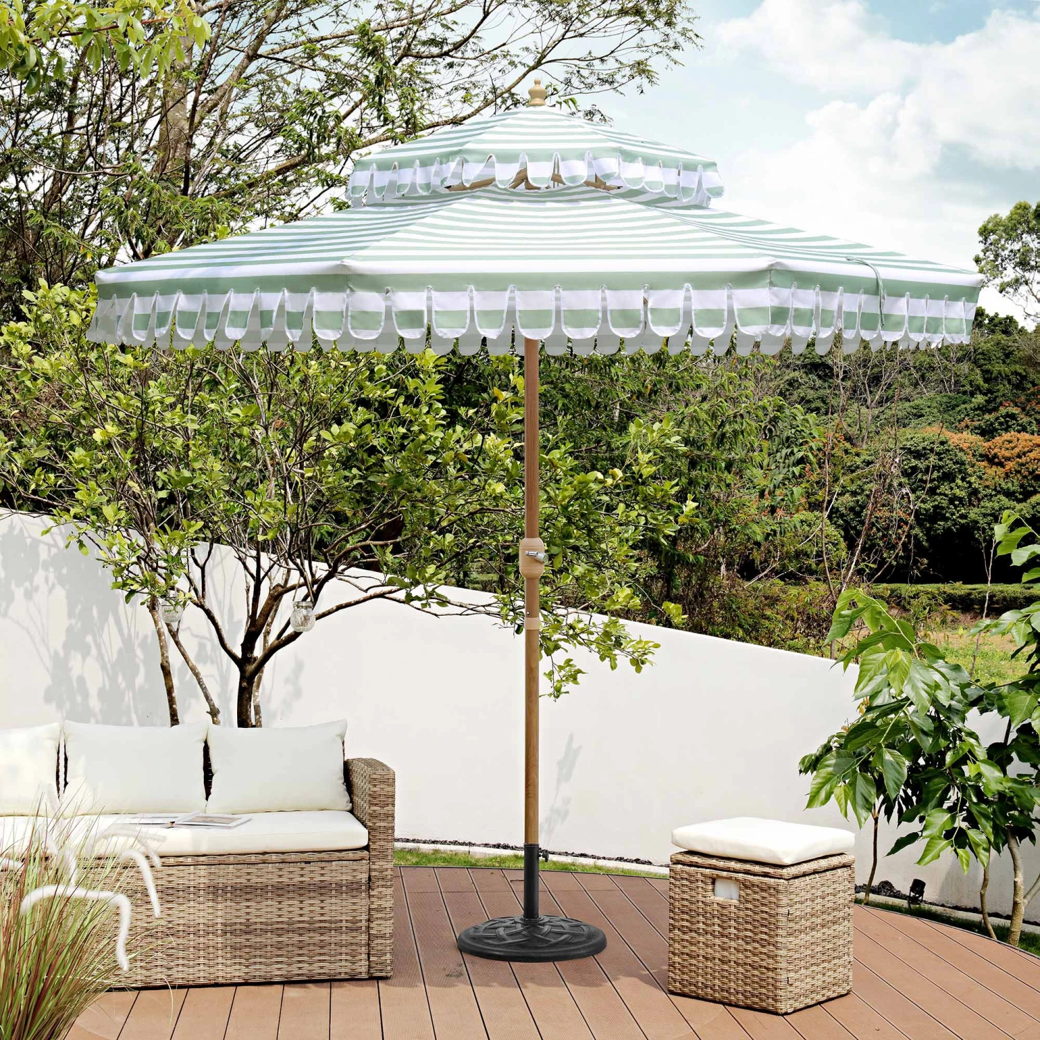 Fabienne Sage Green And White Striped 3M Double Top Crank And Tilt Parasol 1 Fabienne Sage Green And White Striped 3M Double Top Crank And Tilt Parasol