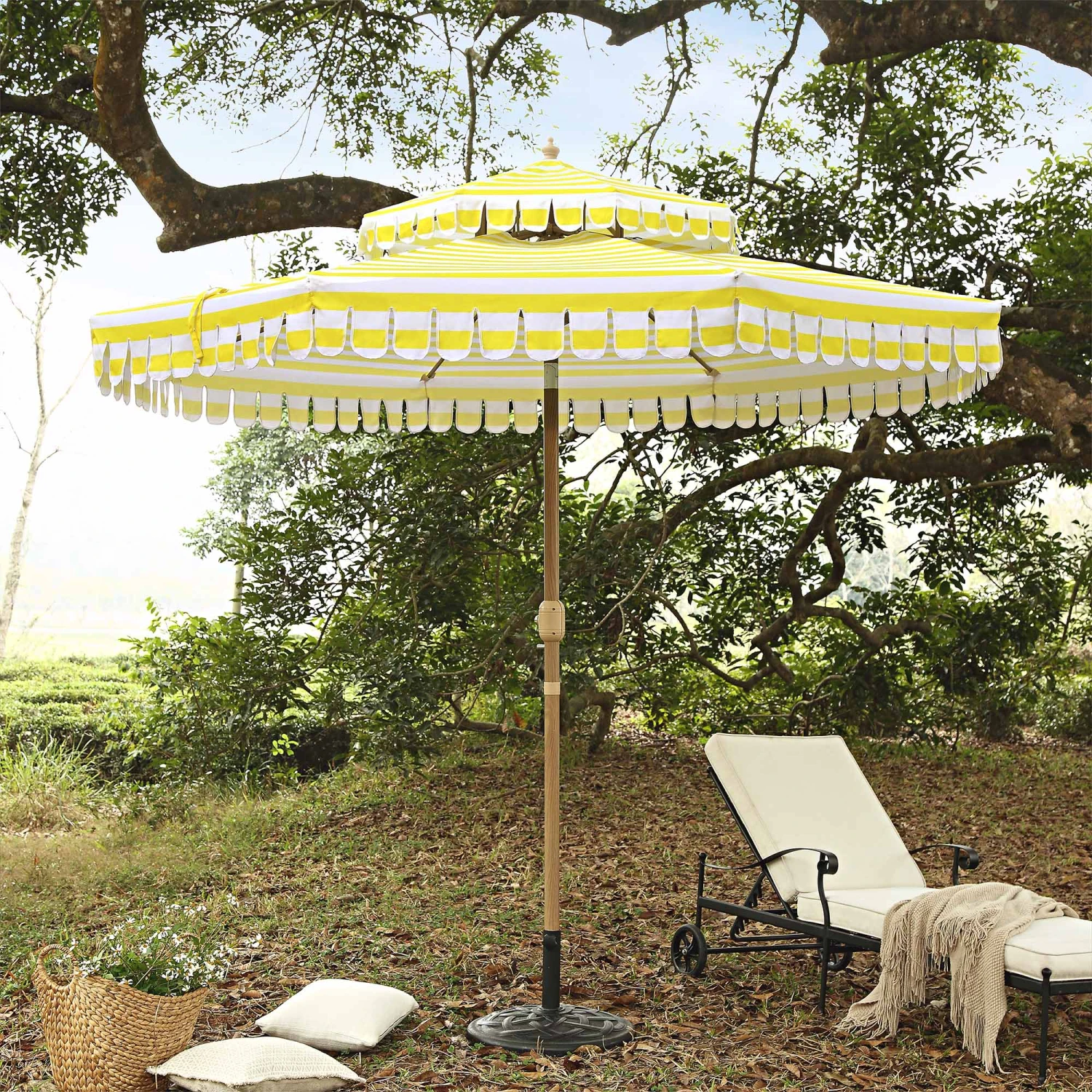 Fabienne 3M Double Top Garden Parasol β Yellow and White Striped Vintage Crank & Tilt Umbrella 1 Fabienne 3M Double Top Garden Parasol β Yellow and White Striped Vintage Crank & Tilt Umbrella