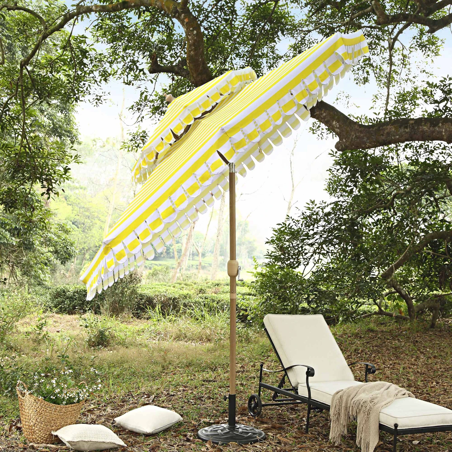 Fabienne 3M Double Top Garden Parasol β Yellow and White Striped Vintage Crank & Tilt Umbrella 2 Fabienne 3M Double Top Garden Parasol β Yellow and White Striped Vintage Crank & Tilt Umbrella - Image 2