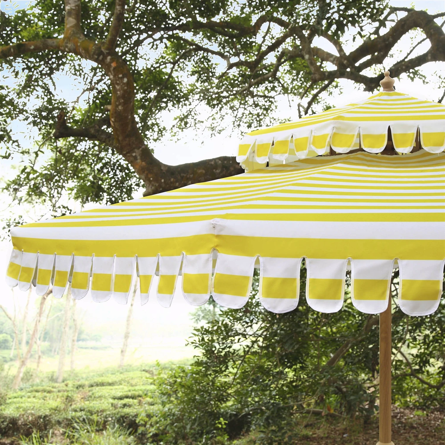 Fabienne 3M Double Top Garden Parasol β Yellow and White Striped Vintage Crank & Tilt Umbrella 3 Fabienne 3M Double Top Garden Parasol β Yellow and White Striped Vintage Crank & Tilt Umbrella - Image 3