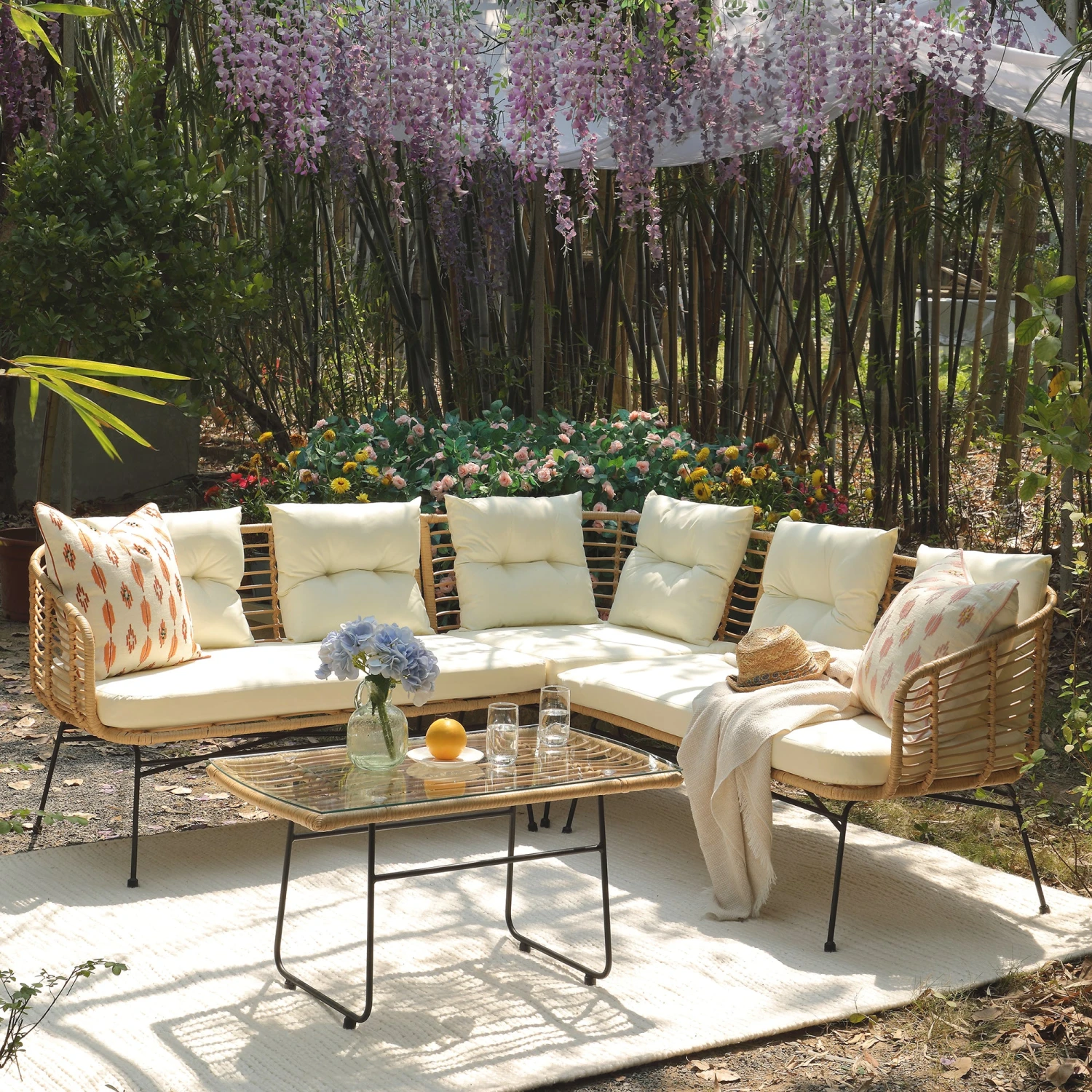 St Loy Natural Rattan Garden Corner Sofa Set with Cream Cushions β 4-Piece Outdoor Sectional & Glass Top Coffee Table 1 St Loy Natural Rattan Garden Corner Sofa Set with Cream Cushions β 4-Piece Outdoor Sectional & Glass Top Coffee Table
