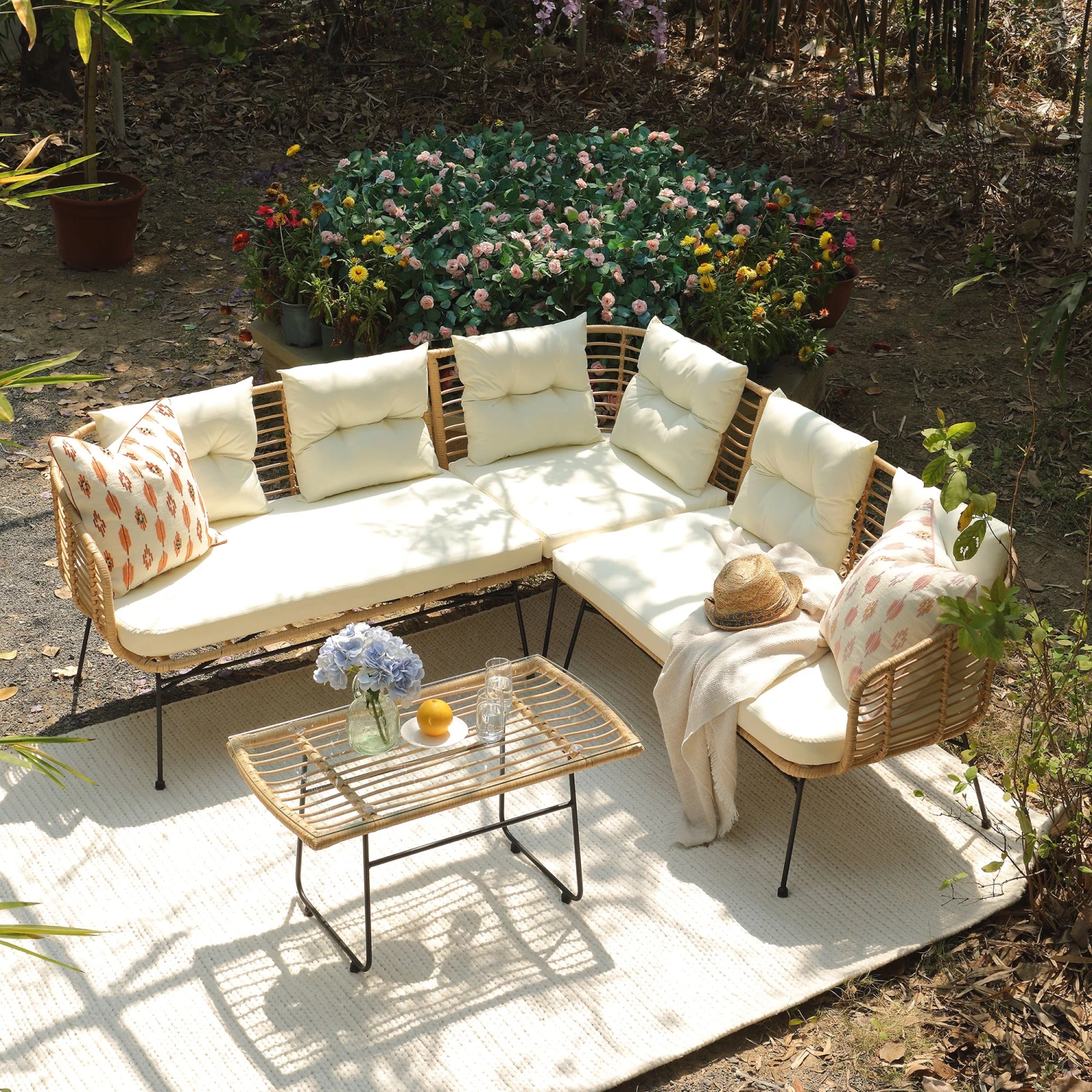 St Loy Natural Rattan Garden Corner Sofa Set with Cream Cushions β 4-Piece Outdoor Sectional & Glass Top Coffee Table 2 St Loy Natural Rattan Garden Corner Sofa Set with Cream Cushions β 4-Piece Outdoor Sectional & Glass Top Coffee Table - Image 2