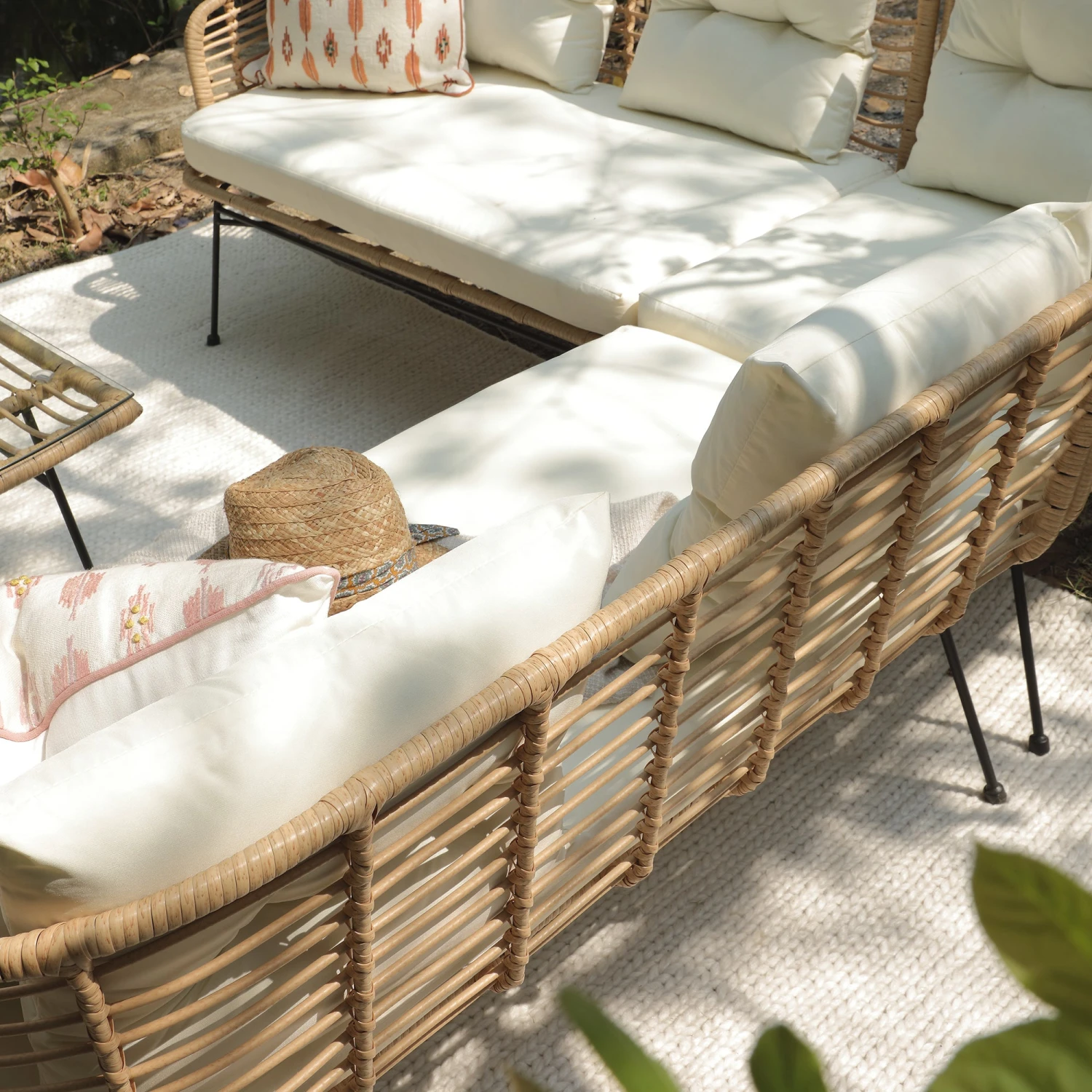 St Loy Natural Rattan Garden Corner Sofa Set with Cream Cushions β 4-Piece Outdoor Sectional & Glass Top Coffee Table 5 St Loy Natural Rattan Garden Corner Sofa Set with Cream Cushions β 4-Piece Outdoor Sectional & Glass Top Coffee Table - Image 5