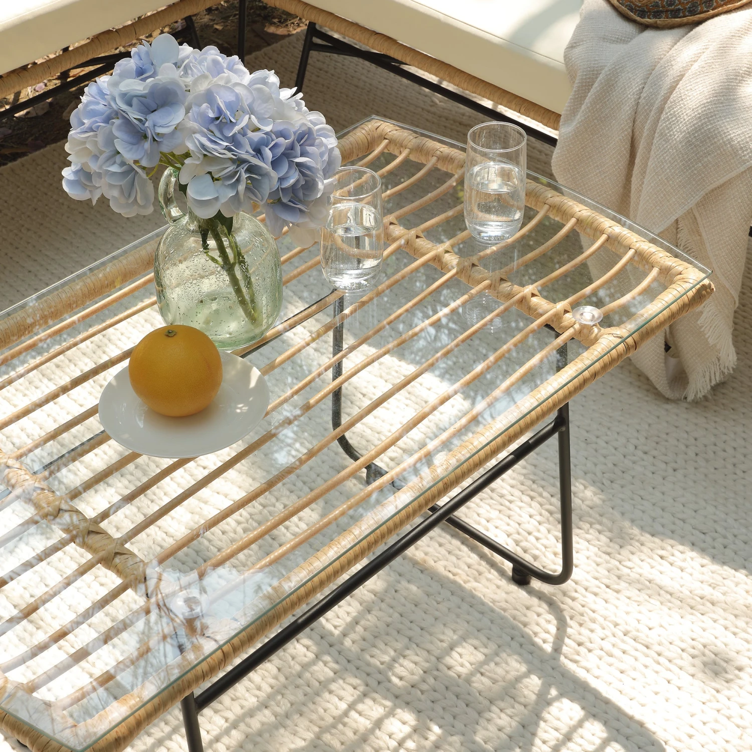 St Loy Natural Rattan Garden Corner Sofa Set with Cream Cushions β 4-Piece Outdoor Sectional & Glass Top Coffee Table 7 St Loy Natural Rattan Garden Corner Sofa Set with Cream Cushions β 4-Piece Outdoor Sectional & Glass Top Coffee Table - Image 7