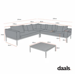 Calabasas Large Outdoor Fabric Aluminium Frame Corner Sofa Set With Coffee Table, Light Grey -Daals Store OD SF 1011 CHART 2