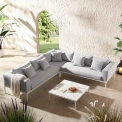 Calabasas Large Outdoor Fabric Aluminium Frame Corner Sofa Set With Coffee Table, Light Grey -Daals Store OD SF 1011 LIGHTGREY scene1