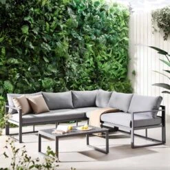 Albany Aluminium Corner Sofa Set With Reclining Back And Coffee Table, Grey