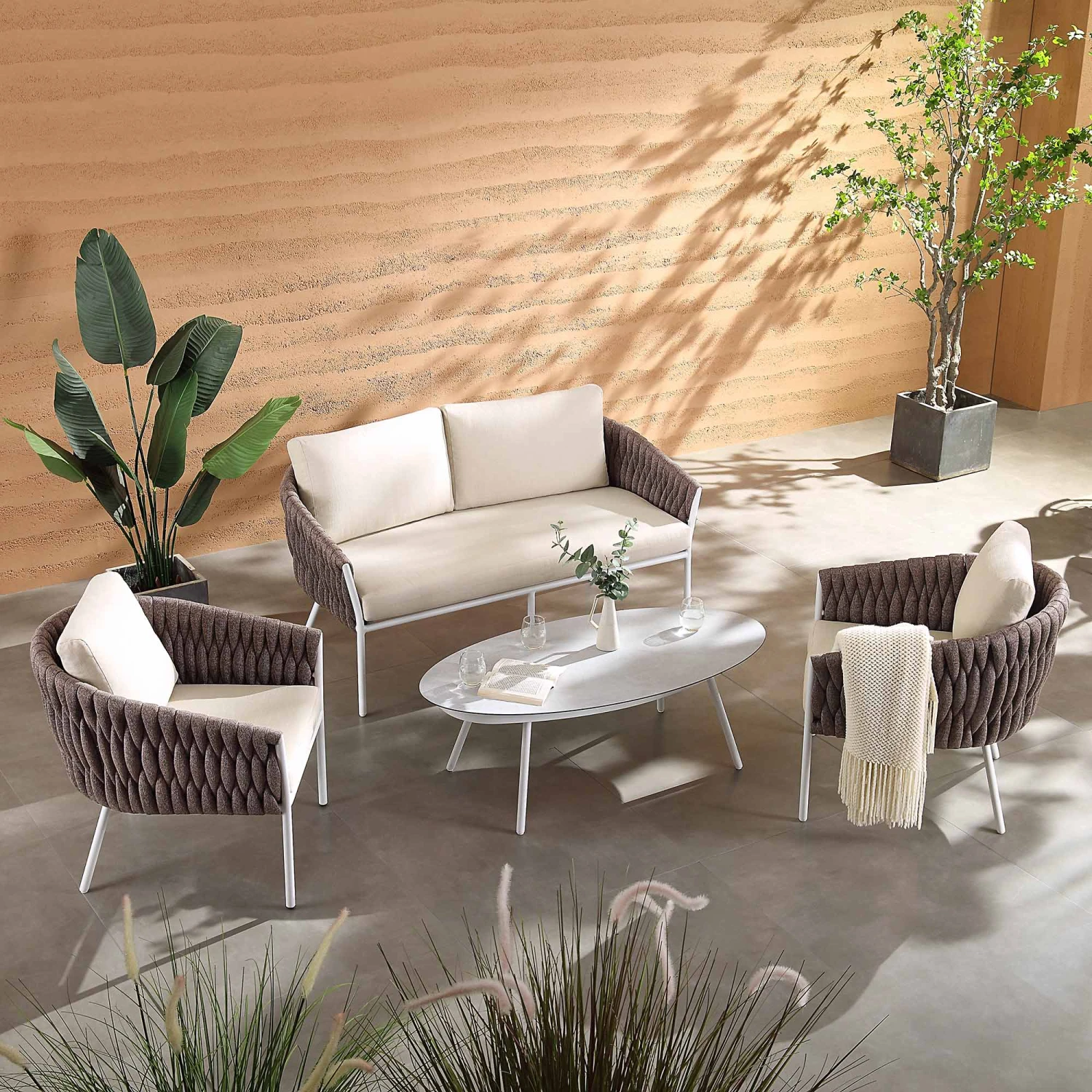 Montebello 4-Seater Outdoor Taupe Rope And Aluminium Sofa Set With White Ceramic Coffee Table 1 Montebello 4-Seater Outdoor Taupe Rope And Aluminium Sofa Set With White Ceramic Coffee Table
