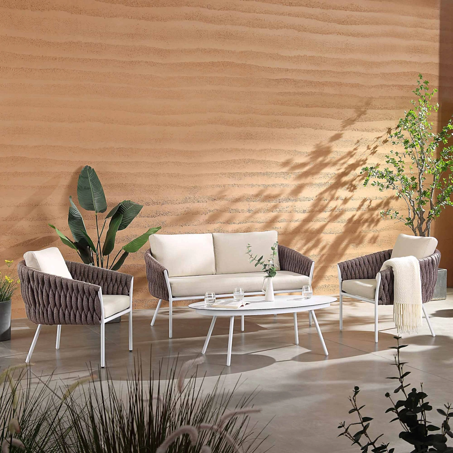 Montebello 4-Seater Outdoor Taupe Rope And Aluminium Sofa Set With White Ceramic Coffee Table 2 Montebello 4-Seater Outdoor Taupe Rope And Aluminium Sofa Set With White Ceramic Coffee Table - Image 2