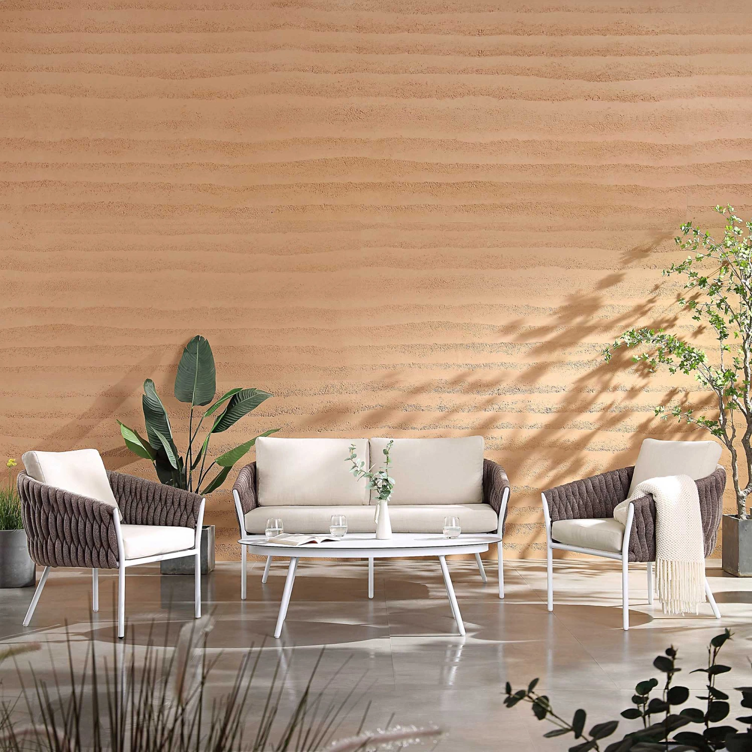 Montebello 4-Seater Outdoor Taupe Rope And Aluminium Sofa Set With White Ceramic Coffee Table 3 Montebello 4-Seater Outdoor Taupe Rope And Aluminium Sofa Set With White Ceramic Coffee Table - Image 3