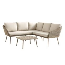 Cliveden Outdoor Aluminium Washed Wood Effect And Round Wicker Rattan Corner Sofa Set -Daals Store OD SF 1070 NAT WB1