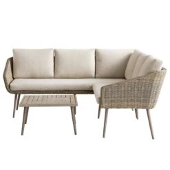 Cliveden Outdoor Aluminium Washed Wood Effect And Round Wicker Rattan Corner Sofa Set -Daals Store OD SF 1070 NAT WB2