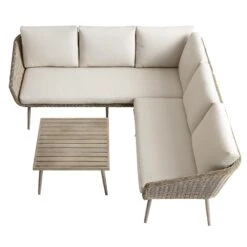 Cliveden Outdoor Aluminium Washed Wood Effect And Round Wicker Rattan Corner Sofa Set -Daals Store OD SF 1070 NAT WB3