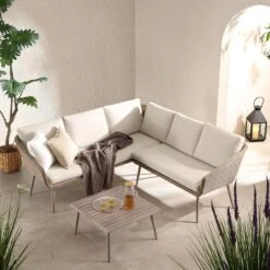 Cliveden Outdoor Aluminium Washed Wood Effect And Round Wicker Rattan Corner Sofa Set -Daals Store OD SF 1070 NAT scene1