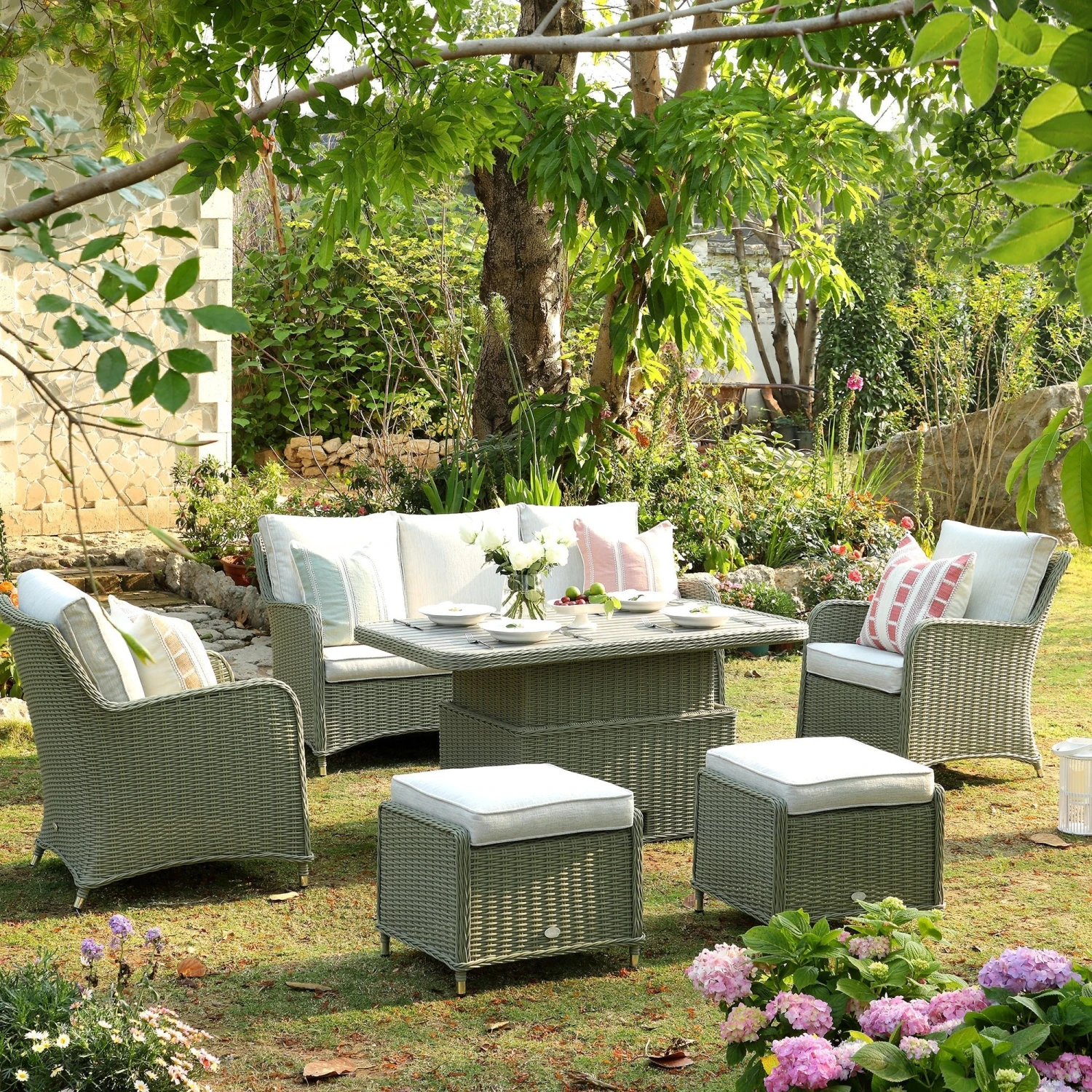 Hampshire 7-Seater Round Wicker Rattan Sofa Set With Rising Table, Desert Sage 1 Hampshire 7-Seater Round Wicker Rattan Sofa Set With Rising Table, Desert Sage