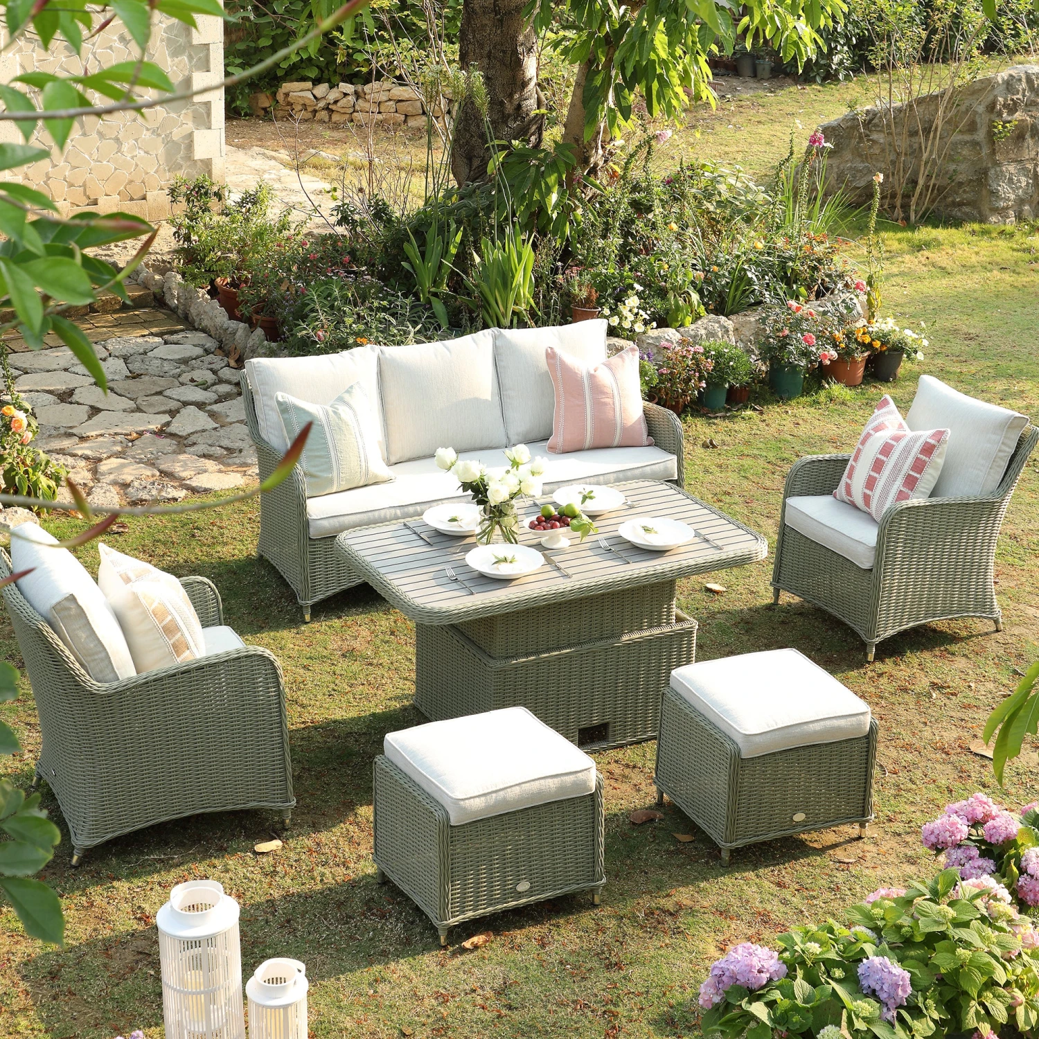 Hampshire 7-Seater Round Wicker Rattan Sofa Set With Rising Table, Desert Sage 2 Hampshire 7-Seater Round Wicker Rattan Sofa Set With Rising Table, Desert Sage - Image 2