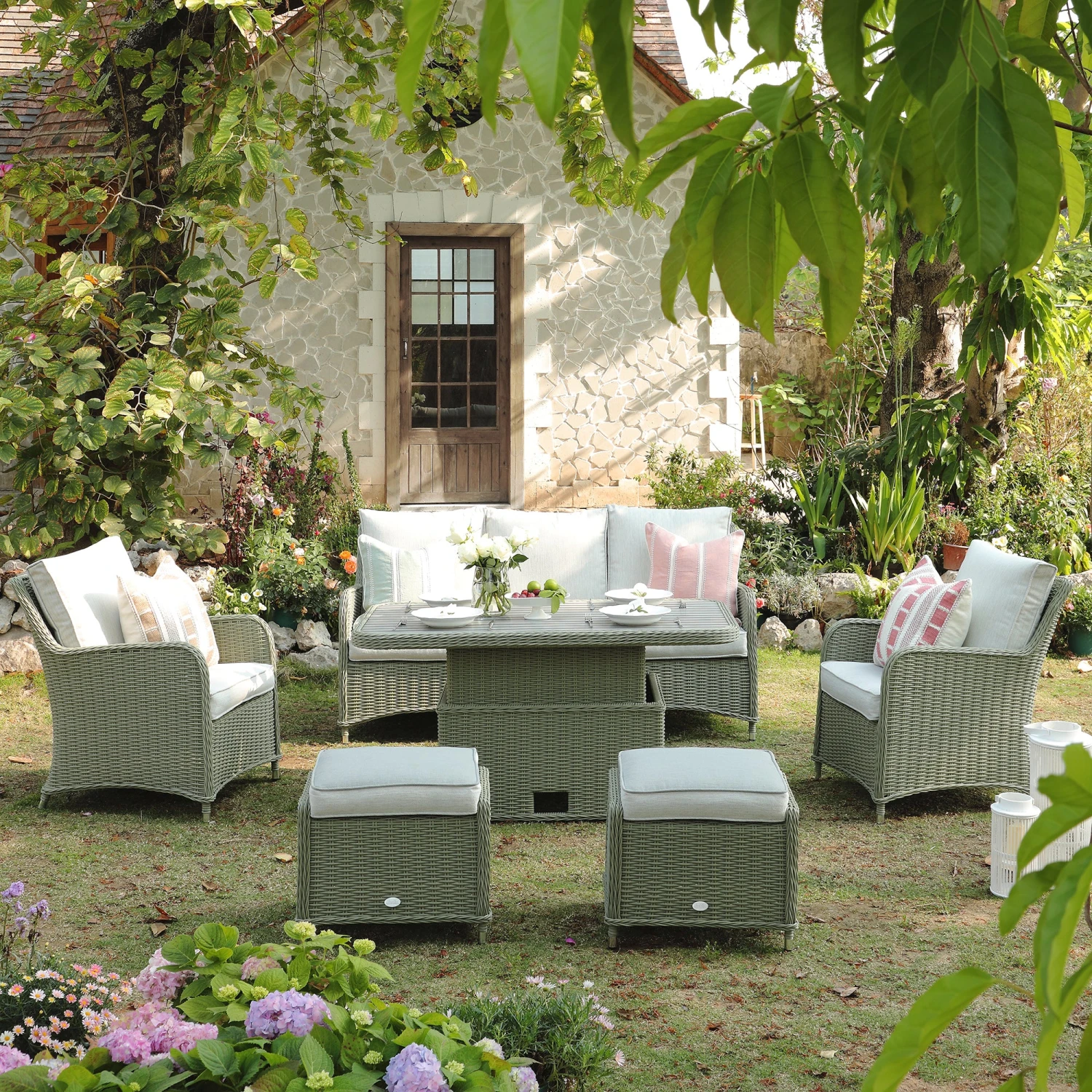 Hampshire 7-Seater Round Wicker Rattan Sofa Set With Rising Table, Desert Sage 3 Hampshire 7-Seater Round Wicker Rattan Sofa Set With Rising Table, Desert Sage - Image 3