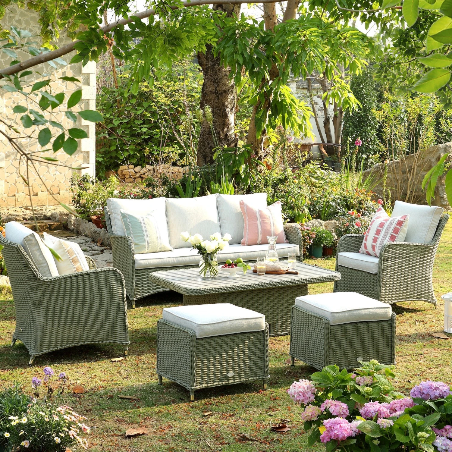 Hampshire 7-Seater Round Wicker Rattan Sofa Set With Rising Table, Desert Sage 4 Hampshire 7-Seater Round Wicker Rattan Sofa Set With Rising Table, Desert Sage - Image 4