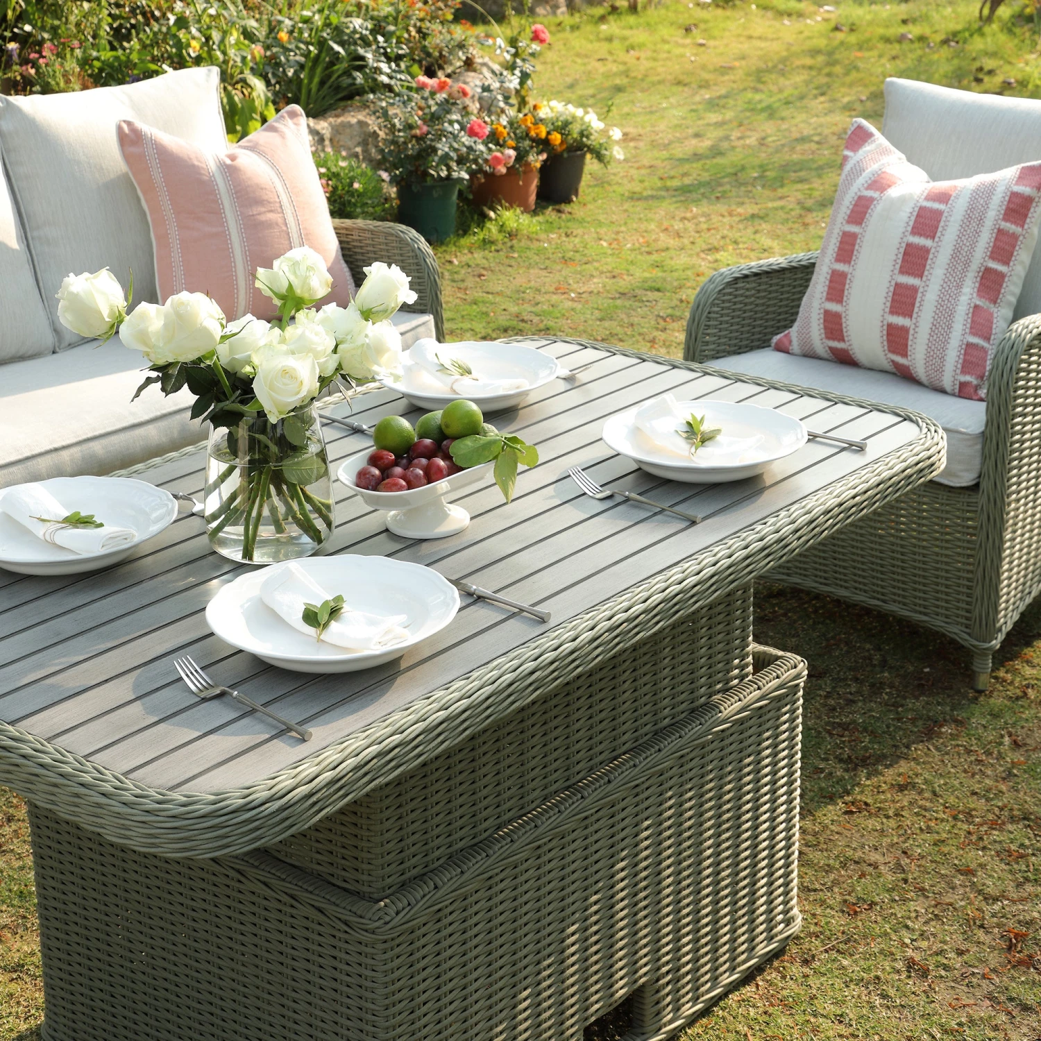Hampshire 7-Seater Round Wicker Rattan Sofa Set With Rising Table, Desert Sage 5 Hampshire 7-Seater Round Wicker Rattan Sofa Set With Rising Table, Desert Sage - Image 5