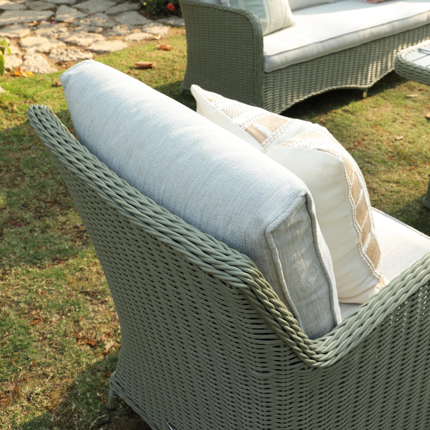 Hampshire 7-Seater Round Wicker Rattan Sofa Set With Rising Table, Desert Sage 9 Hampshire 7-Seater Round Wicker Rattan Sofa Set With Rising Table, Desert Sage - Image 9