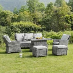 Hampshire 7-Seater Round Wicker Rattan Sofa Set With Rising Table, Light Grey