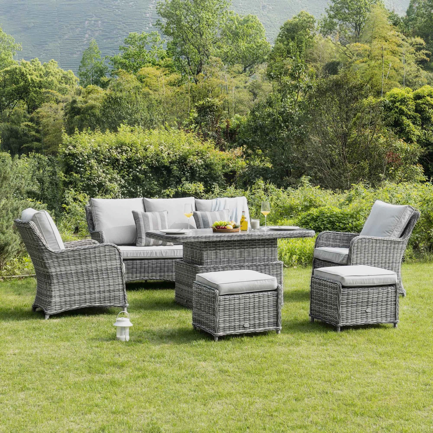 Hampshire 7-Seater Light Grey Round Wicker Rattan Sofa Set with Adjustable Rising Table 1 Hampshire 7-Seater Light Grey Round Wicker Rattan Sofa Set with Adjustable Rising Table
