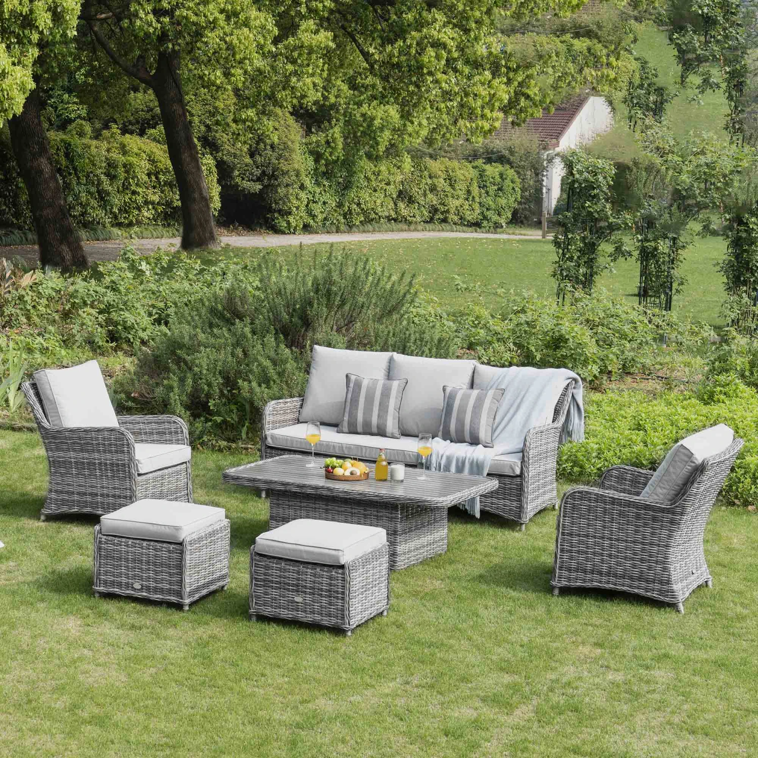 Hampshire 7-Seater Light Grey Round Wicker Rattan Sofa Set with Adjustable Rising Table 4 Hampshire 7-Seater Light Grey Round Wicker Rattan Sofa Set with Adjustable Rising Table - Image 4