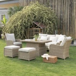 Hampshire 7-Seater Round Wicker Rattan Sofa Set With Rising Table, Natural