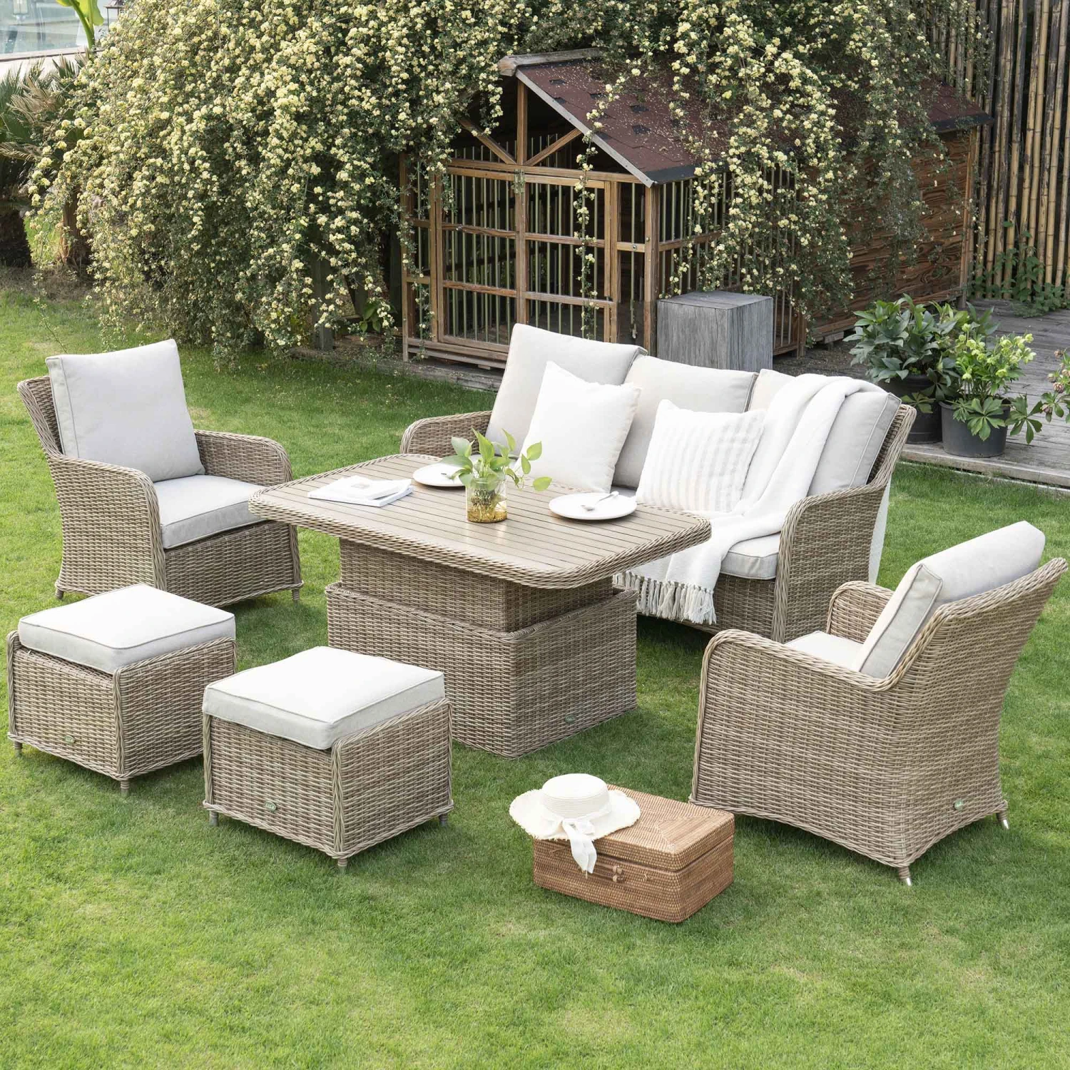 Hampshire Natural Round Wicker Rattan 7-Seater Sofa Set β Height-Adjustable Rising Table & Beige Cushions 2 Hampshire Natural Round Wicker Rattan 7-Seater Sofa Set β Height-Adjustable Rising Table & Beige Cushions - Image 2