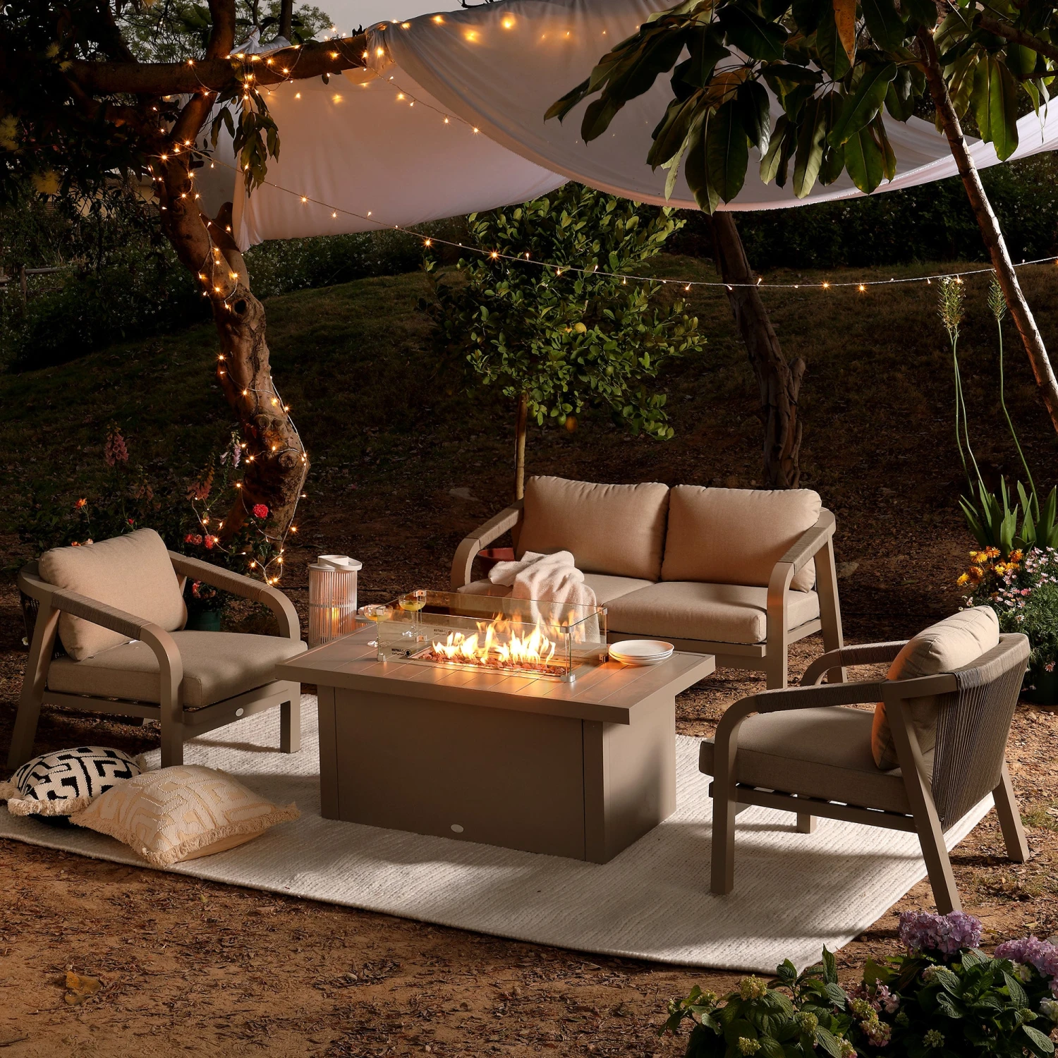 Manresa Rope 5-Seater Firepit Sofa Set in Taupe and Beige β Luxury Aluminium Garden Lounge Suite 1 Manresa Rope 5-Seater Firepit Sofa Set in Taupe and Beige β Luxury Aluminium Garden Lounge Suite