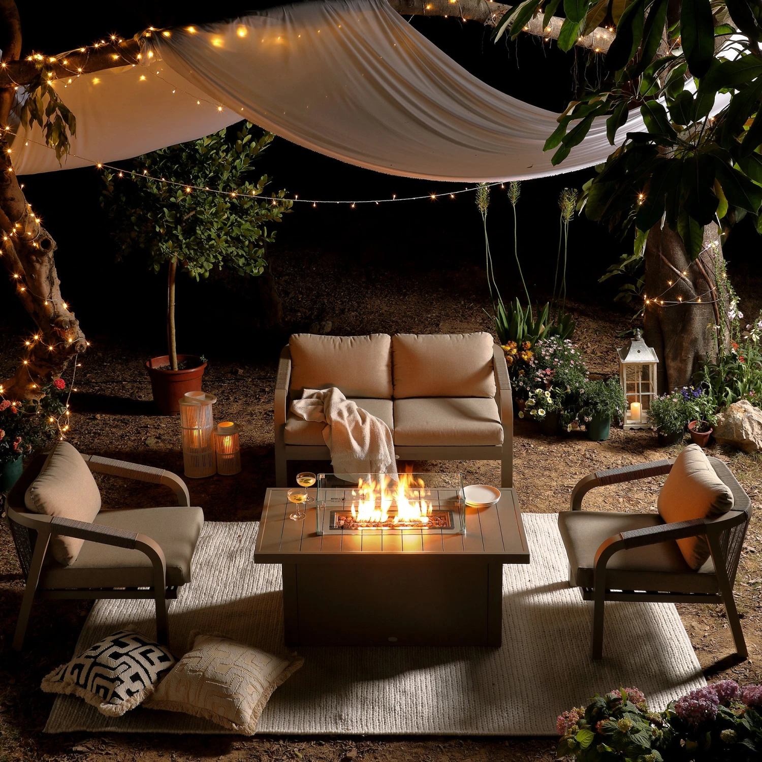 Manresa Rope 5-Seater Firepit Sofa Set in Taupe and Beige β Luxury Aluminium Garden Lounge Suite 2 Manresa Rope 5-Seater Firepit Sofa Set in Taupe and Beige β Luxury Aluminium Garden Lounge Suite - Image 2