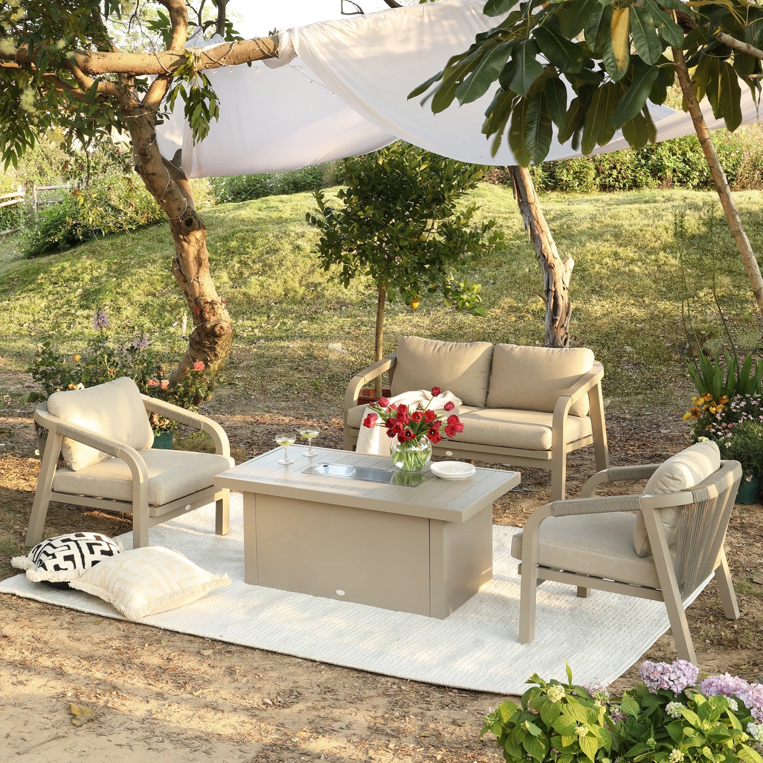 Manresa Rope 5-Seater Firepit Sofa Set in Taupe and Beige β Luxury Aluminium Garden Lounge Suite 5 Manresa Rope 5-Seater Firepit Sofa Set in Taupe and Beige β Luxury Aluminium Garden Lounge Suite - Image 5