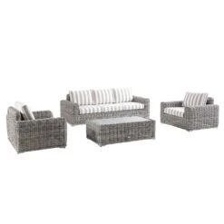 Bellagio Light Grey Round Wicker 4-Piece Sofa Set with Taupe Striped Cushions -Daals Store OD SF 450 LGREY TAUPESTRIPE SET WB3