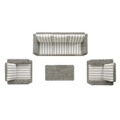Bellagio Light Grey Round Wicker 4-Piece Sofa Set with Taupe Striped Cushions -Daals Store OD SF 450 LGREY TAUPESTRIPE SET WB4